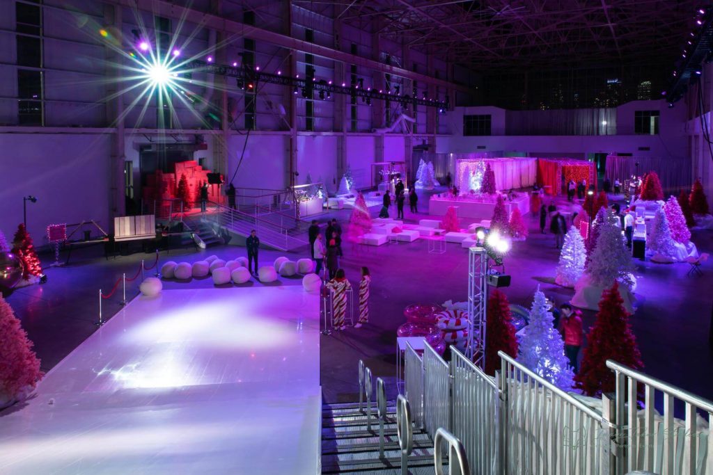  large venue decorated for holidays