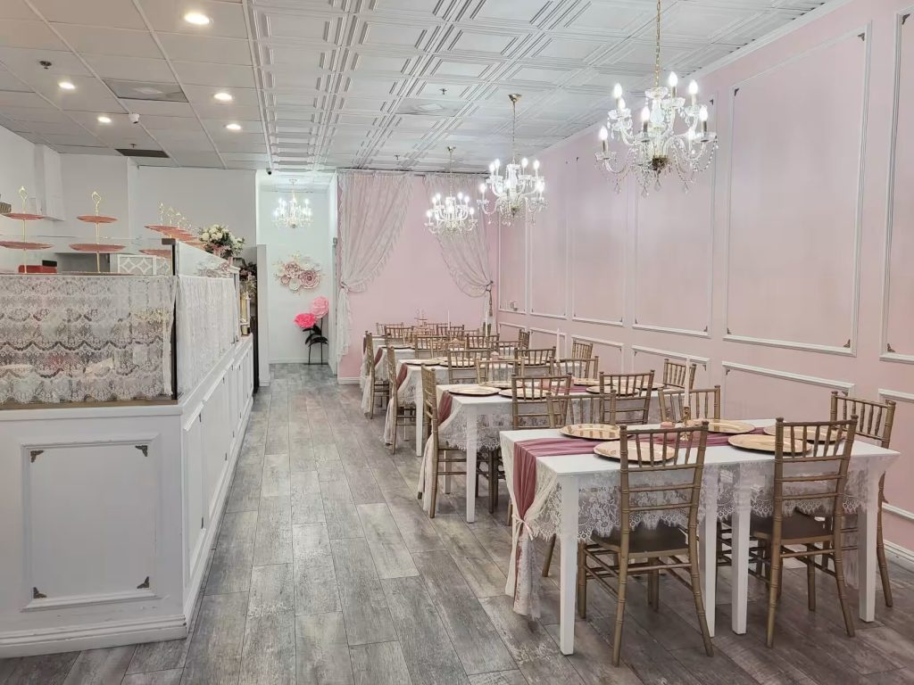 A pink-themed, cute restaurant interior.