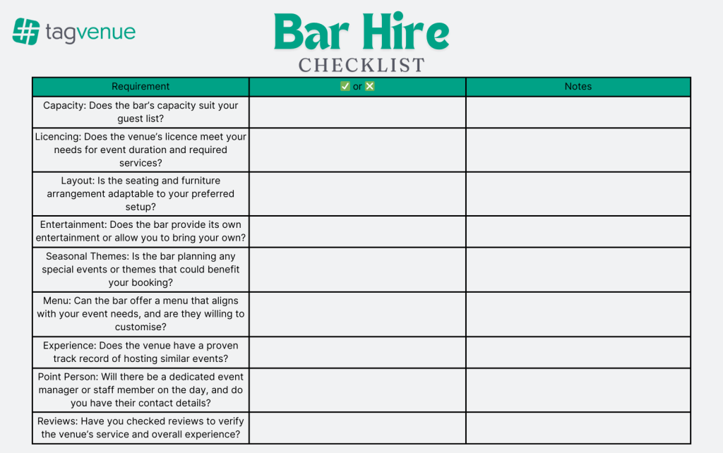 Bar hire checklist Tagvenue Checklist for booking a bar